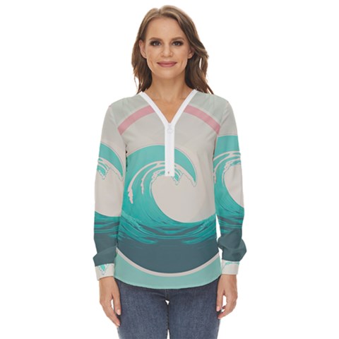 Tidal Wave Ocean Sea Tsunami Wave Minimalist Zip Up Long Sleeve Blouse by uniart180623