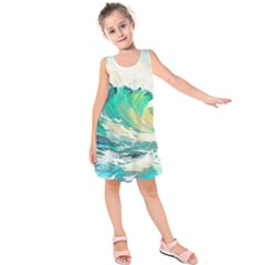 Waves Ocean Sea Tsunami Nautical Painting Kids  Sleeveless Dress by uniart180623