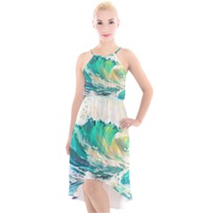 Waves Ocean Sea Tsunami Nautical Painting High-low Halter Chiffon Dress  by uniart180623