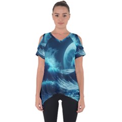 Moonlight High Tide Storm Tsunami Waves Ocean Sea Cut Out Side Drop T-shirt by uniart180623