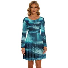 Moonlight High Tide Storm Tsunami Waves Ocean Sea Long Sleeve Wide Neck Velvet Dress by uniart180623