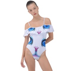 Cute White Cat Blue Eyes Face Frill Detail One Piece Swimsuit by Ket1n9