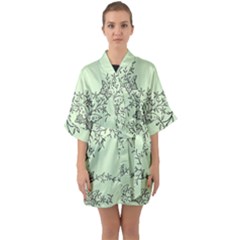 Illustration Of Butterflies And Flowers Ornament On Green Background Half Sleeve Satin Kimono  by Ket1n9