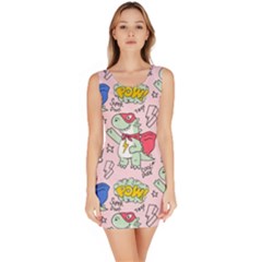 Seamless-pattern-with-many-funny-cute-superhero-dinosaurs-t-rex-mask-cloak-with-comics-style-inscrip Bodycon Dress by Ket1n9