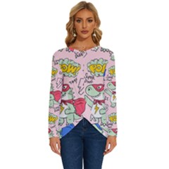 Seamless-pattern-with-many-funny-cute-superhero-dinosaurs-t-rex-mask-cloak-with-comics-style-inscrip Long Sleeve Crew Neck Pullover Top by Ket1n9