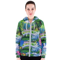 Swan Bird Spring Flowers Trees Lake Pond Landscape Original Aceo Painting Art Women s Zipper Hoodie by Ket1n9