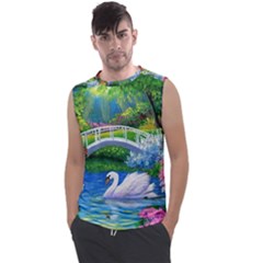 Swan Bird Spring Flowers Trees Lake Pond Landscape Original Aceo Painting Art Men s Regular Tank Top by Ket1n9