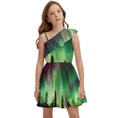 Aurora-borealis-northern-lights Kids  One Shoulder Party Dress by Ket1n9