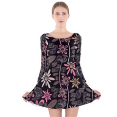 Flower Art Pattern Long Sleeve Velvet Skater Dress