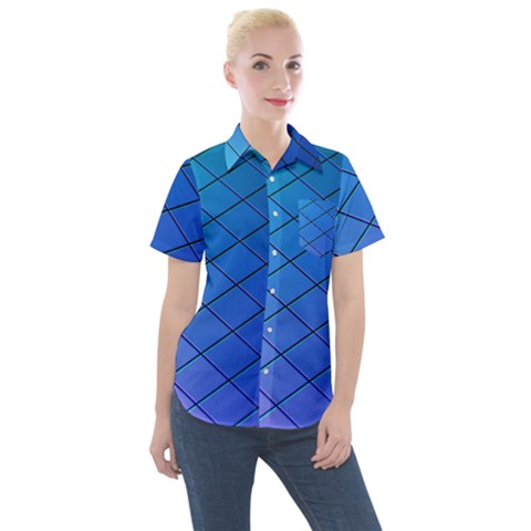 Blue Pattern Plain Cartoon Women s Short Sleeve Pocket Shirt by Ket1n9