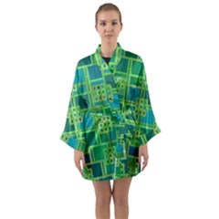 Green-abstract-geometric Long Sleeve Satin Kimono