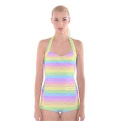 Cute Pastel Rainbow Stripes Boyleg Halter Swimsuit 