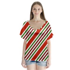 Christmas-color-stripes V-neck Flutter Sleeve Top