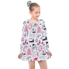 Christmas-themed-seamless-pattern Kids  Long Sleeve Dress by Grandong