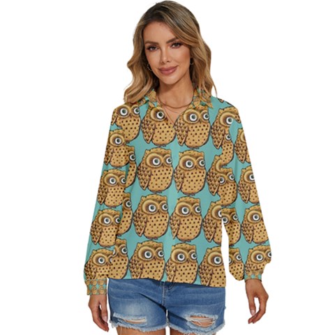 Seamless Cute Colourfull Owl Kids Pattern Women s Long Sleeve Button Up Shirt by Grandong