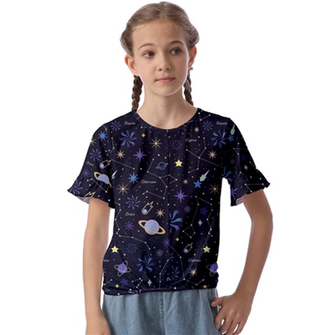 Starry Night  Space Constellations  Stars  Galaxy  Universe Graphic  Illustration Kids  Cuff Sleeve Scrunch Bottom T-shirt by Grandong