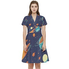 Space Galaxy Planet Universe Stars Night Fantasy Short Sleeve Waist Detail Dress by Grandong