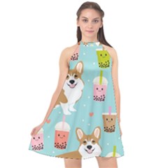 Welsh Corgi Boba Tea Bubble Cute Kawaii Dog Breed Halter Neckline Chiffon Dress  by Grandong