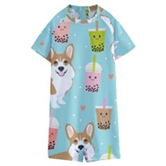 Welsh Corgi Boba Tea Bubble Cute Kawaii Dog Breed Kids  Boyleg Half Suit Swimwear by Grandong