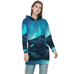 Aurora Borealis Mountain Reflection Women s Long Oversized Pullover Hoodie by Grandong