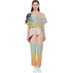 Leaves Pattern Design Colorful Decorative Texture Batwing Lightweight Chiffon Jumpsuit