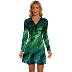 Tropical Green Leaves Background Long Sleeve Deep V Mini Dress  by Amaryn4rt