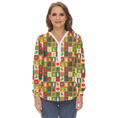 Pattern-christmas-patterns Zip Up Long Sleeve Blouse