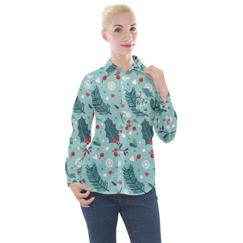 Seamless-pattern-with-berries-leaves Women s Long Sleeve Pocket Shirt by Amaryn4rt