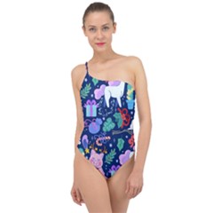 Colorful-funny-christmas-pattern Pig Animal Classic One Shoulder Swimsuit by Amaryn4rt