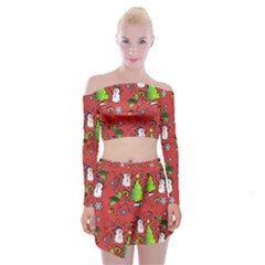 Santa Snowman Gift Holiday Christmas Cartoon Off Shoulder Top With Mini Skirt Set by Amaryn4rt