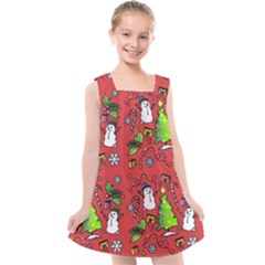 Santa Snowman Gift Holiday Christmas Cartoon Kids  Cross Back Dress by Amaryn4rt