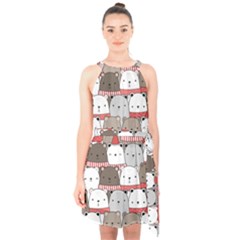 Cute Adorable Bear Merry Christmas Happy New Year Cartoon Doodle Seamless Pattern Halter Collar Waist Tie Chiffon Dress by Amaryn4rt