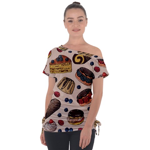 Seamless-pattern-with-sweet-cakes-berries Off Shoulder Tie-up T-shirt by Amaryn4rt