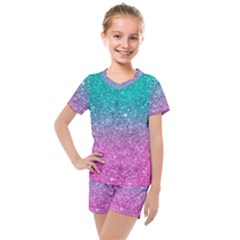 Pink And Turquoise Glitter Kids  Mesh T-shirt And Shorts Set