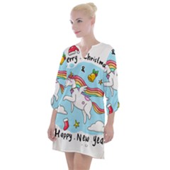 Merry Christmas Xmas Doodle Sketch Cartoon Unicorn Open Neck Shift Dress by Pakjumat