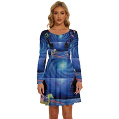 Psychedelic Mushrooms Psicodelia Dream Blue Long Sleeve Wide Neck Velvet Dress by Modalart