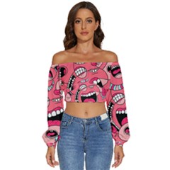 Big Mouth Worm Long Sleeve Crinkled Weave Crop Top by Dutashop