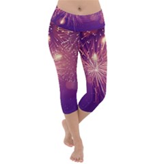 Fireworks On A Purple With Fireworks New Year Christmas Pattern Lightweight Velour Capri Yoga Leggings by Sarkoni