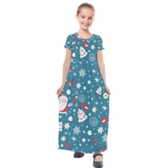 Christmas Pattern Santa Blue Kids  Short Sleeve Maxi Dress by Sarkoni