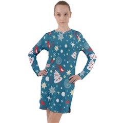 Christmas Pattern Santa Blue Long Sleeve Hoodie Dress by Sarkoni