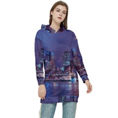 Frankfurt City Skyline Skyscraper Women s Long Oversized Pullover Hoodie by Sarkoni