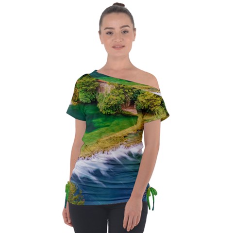 River Waterfall Off Shoulder Tie-up T-shirt by Sarkoni