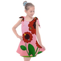 Flowers Butterflies Red Flowers Kids  Tie Up Tunic Dress