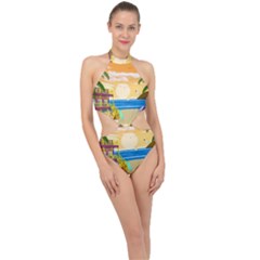 Vector Graphic Clipart Beach House Halter Side Cut Swimsuit by Sarkoni