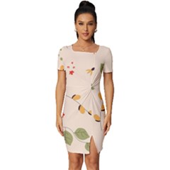 Spring Art Floral Pattern Design Fitted Knot Split End Bodycon Dress by Sarkoni