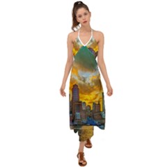 Boston Skyline Cityscape River Halter Tie Back Dress  by Sarkoni