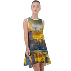 Boston Skyline Cityscape River Frill Swing Dress by Sarkoni