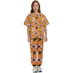 Flower Orange Pattern Floral Kids  T-shirt And Pants Sports Set by Dutashop