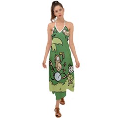 Ostrich Jungle Monkey Plants Halter Tie Back Dress  by Bajindul