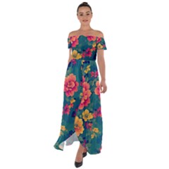 Floral Art Flowers Textile Off Shoulder Open Front Chiffon Dress